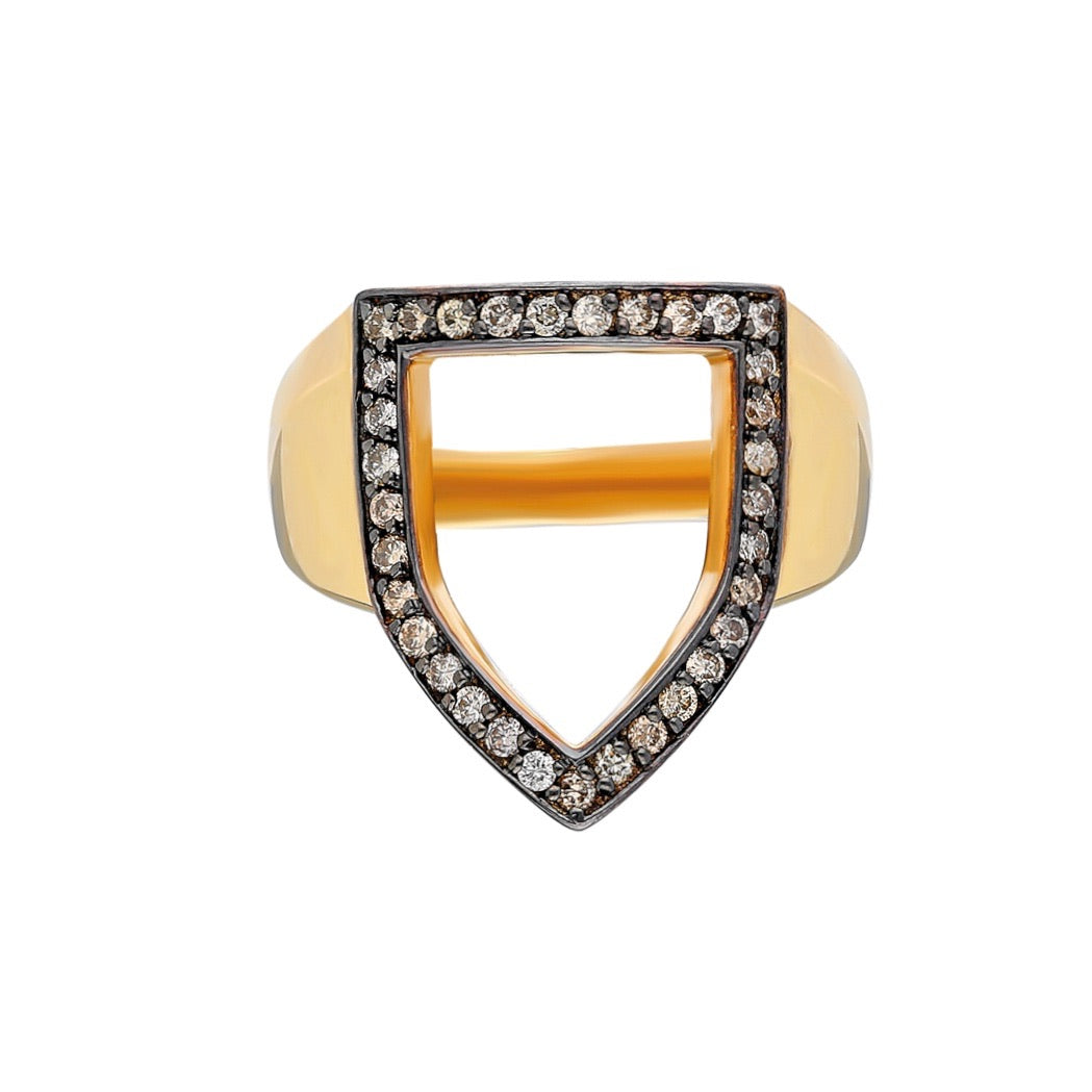 “Open Shield” Ring in Yellow Gold and Champagne Diamonds