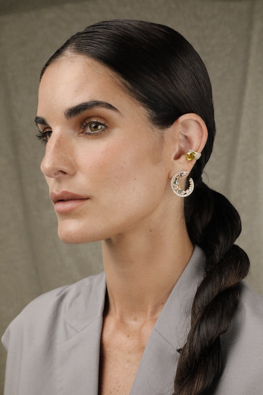 “Alma” Pavé Champagne Diamond and Oval-shaped Green Tourmaline Ear Cuff (no piercing)