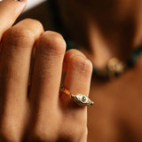 "Macu" Whirl Ring - White and Champagne Diamonds with Emerald