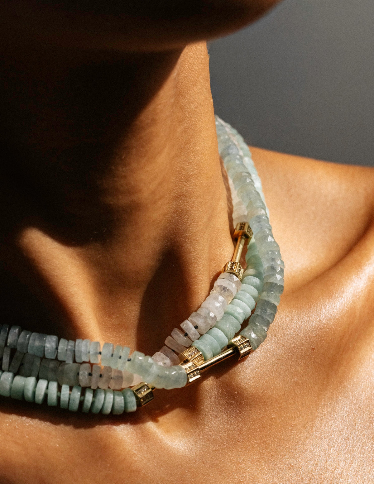"Bosfor" Faceted Disc Bead Strand - Aquamarines and White Diamonds
