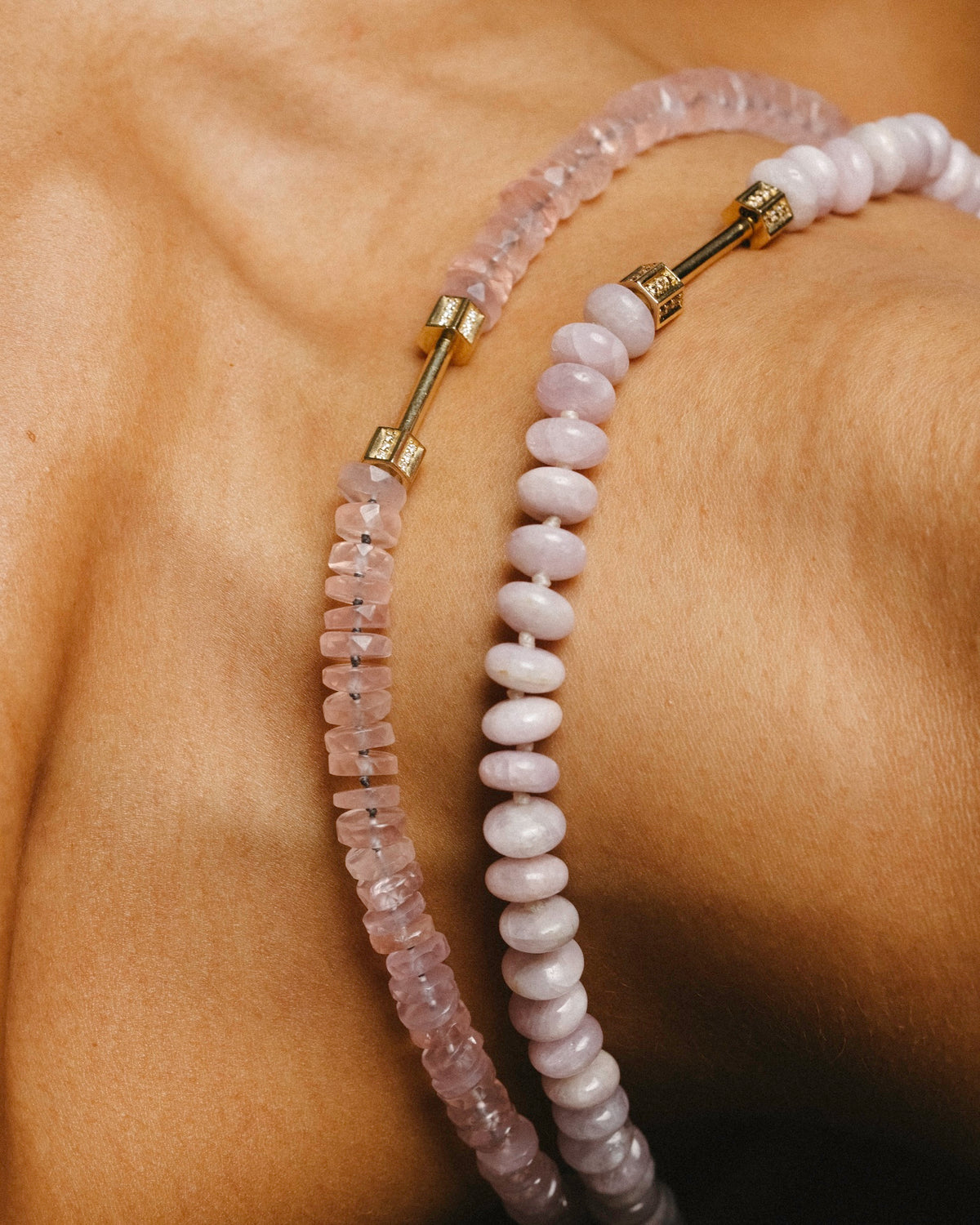 "Bosfor" Faceted Disc Bead Strand - Pink Quartz and White Diamonds