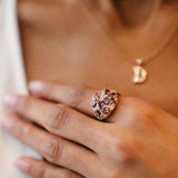 "Coa" White Diamond, Pink Tourmaline and Rhodolite Ring