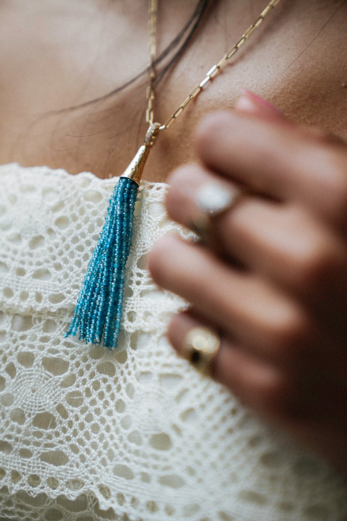 "Aguaviva" Tassel Pendant - Apatite and White Diamonds