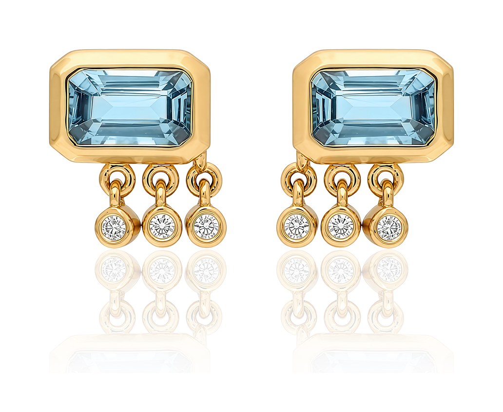 "Galata" Small Stud Earring - Aquamarine and Champagne Diamonds