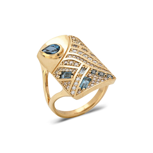 “Tibes” Pattern Ring - Blue Topaz and Aquamarine