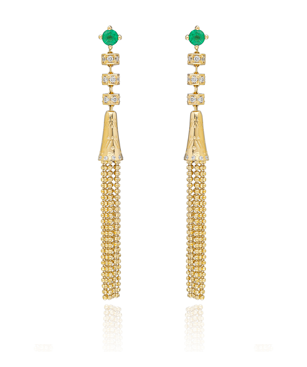 "Aguaviva" Gold Tassel Earring - White Diamonds and Emerald