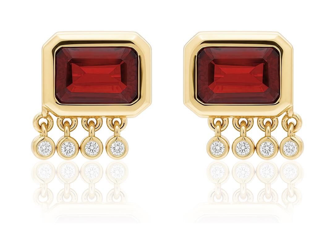 "Galata" Large Stud Earring - Red Garnet and Champagne Diamonds