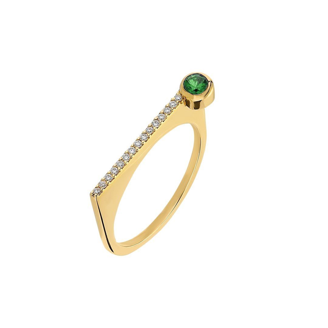 ¡Buenos Días! “Horizon” Ray Ring in Yellow Gold with White Diamonds and Large Emerald Bezel