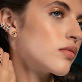 “Celeste” Large Crescent Stud Earring in Yellow Gold with Cognac Diamonds and Sapphire