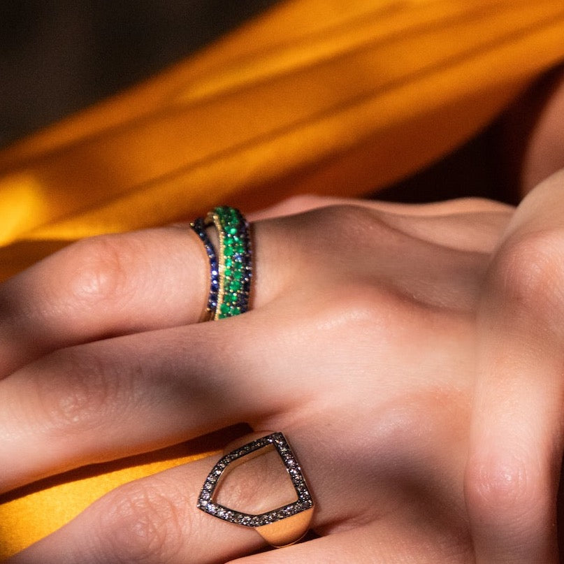 “Terrenas” Pavé Bomba Ring - Emeralds, Tsavorites and Sapphires