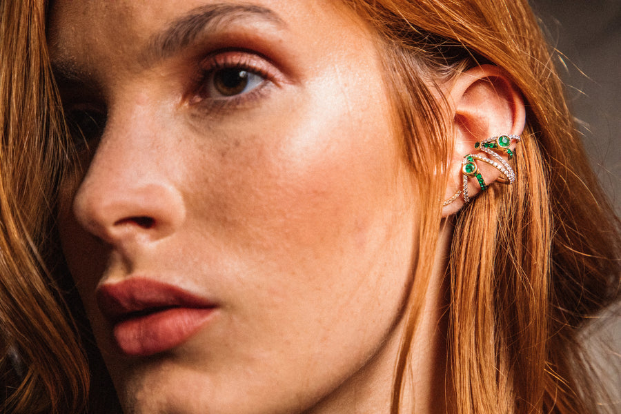 ¡Buenos Días! XL Triple Ray Diamond and Emerald Ear Cuff (no piercing)