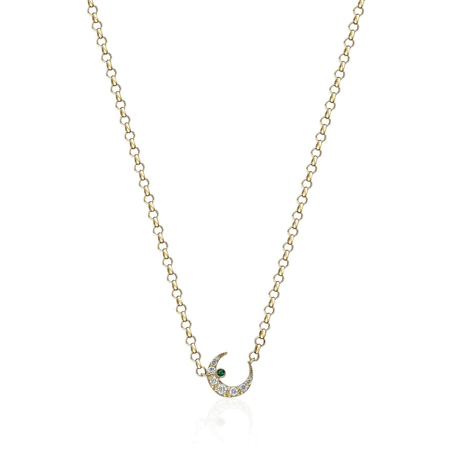 “Celeste” Small White Diamond and Emerald Crescent Moon Necklace