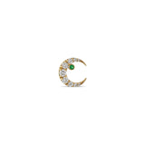 “Celeste” Mini Crescent Stud Earring - Yellow Gold with White Diamonds and Emerald