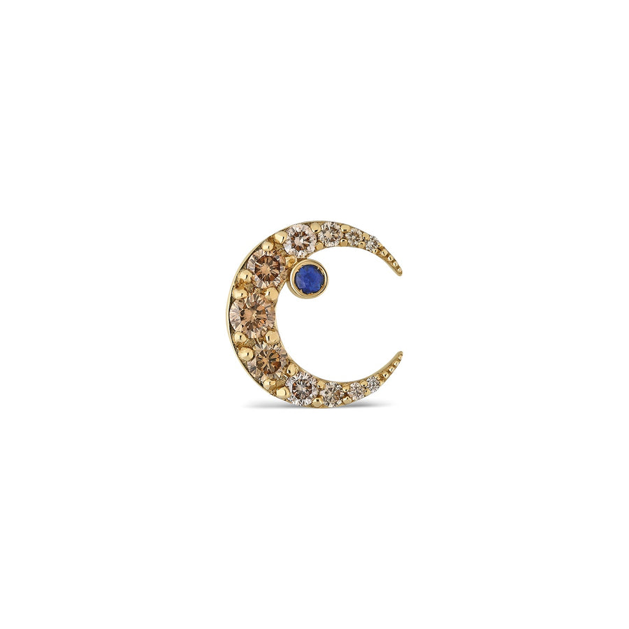 “Celeste” Medium Crescent Stud Earring in Yellow Gold with Champagne Diamonds and Sapphire