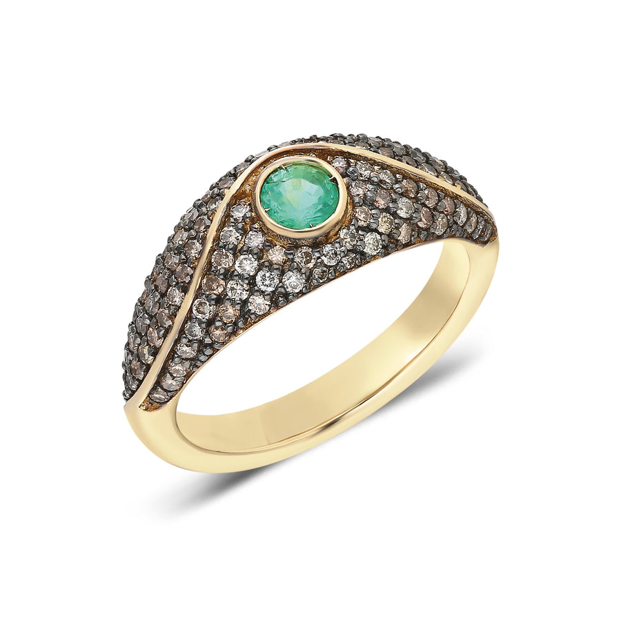 “Acu” Pavé Ring - Champagne Diamonds and Emerald (Rhodium)