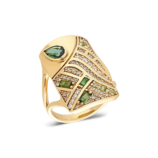 “Tibes” Pattern Ring - Green Tourmalines and Sapphires