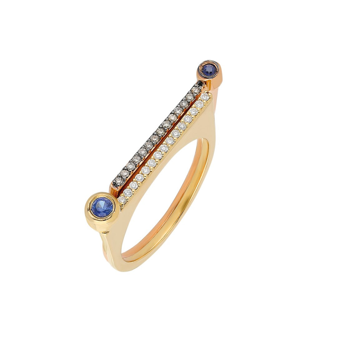 ¡Buenos Días! “Horizon” Ray Ring in Yellow Gold with White Diamonds and Large Sapphire Bezel