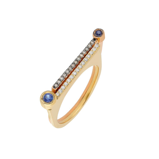 ¡Buenos Días! “Horizon” Ray Ring in Yellow Gold with White Diamonds and Large Sapphire Bezel