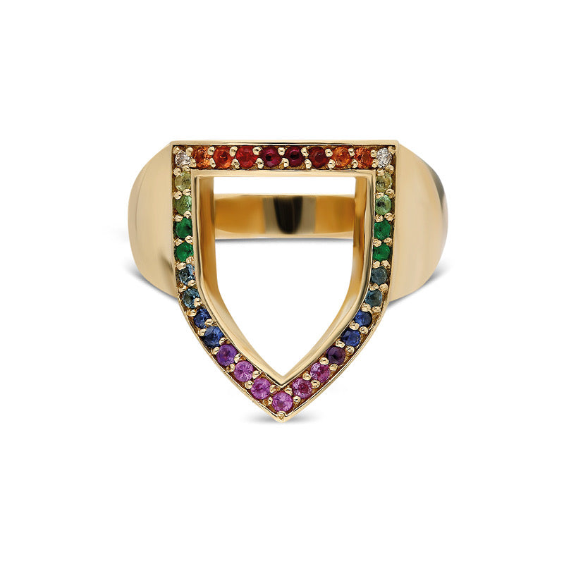 “Open Shield” Rainbow Ring - Yellow Gold and Multicolor Gemstones