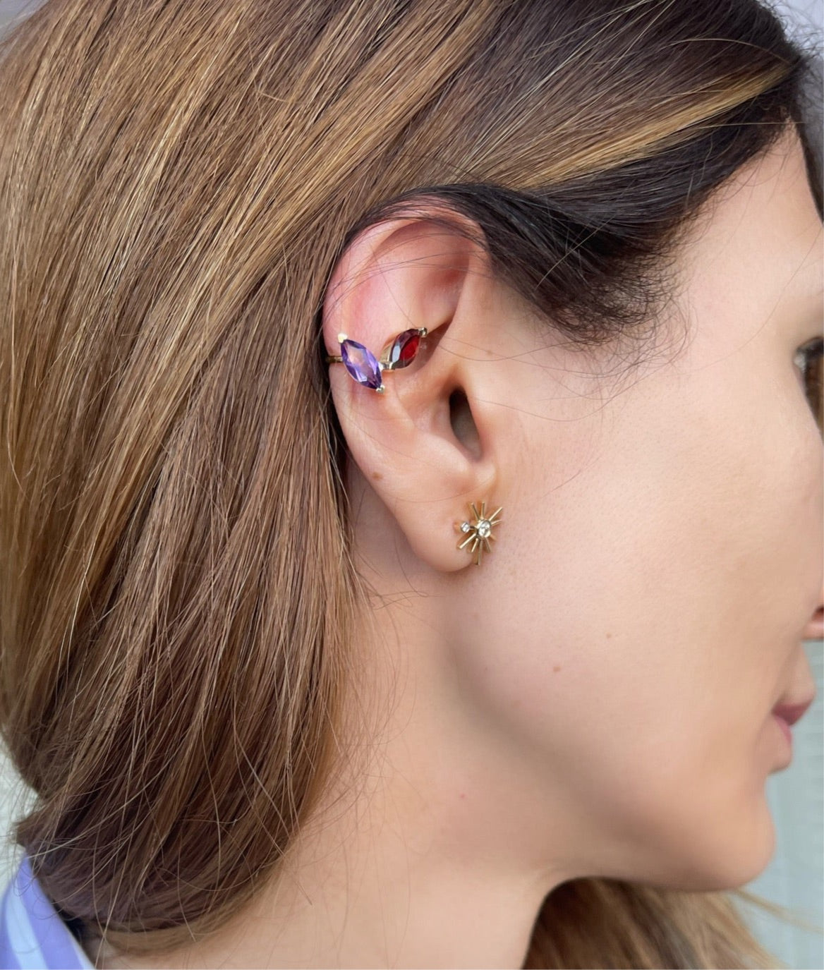 “Tú y Yo” Floating Marquise Ear Cuff - Garnet and Amethyst (no piercing)